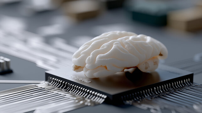 Neural Brain Shape Floating Above Microchip in High-Tech Scene