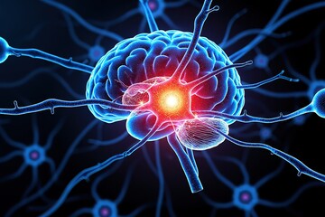 Medical illustration of the brain with a blue - red color palette, highlighting neural connections and a central bright region, ideal for educational, scientific, and medical - related resources.