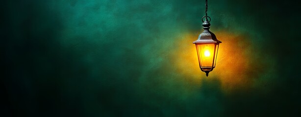 A dark teal background is illuminated by a modern pendant light, resulting in a peaceful ambiance