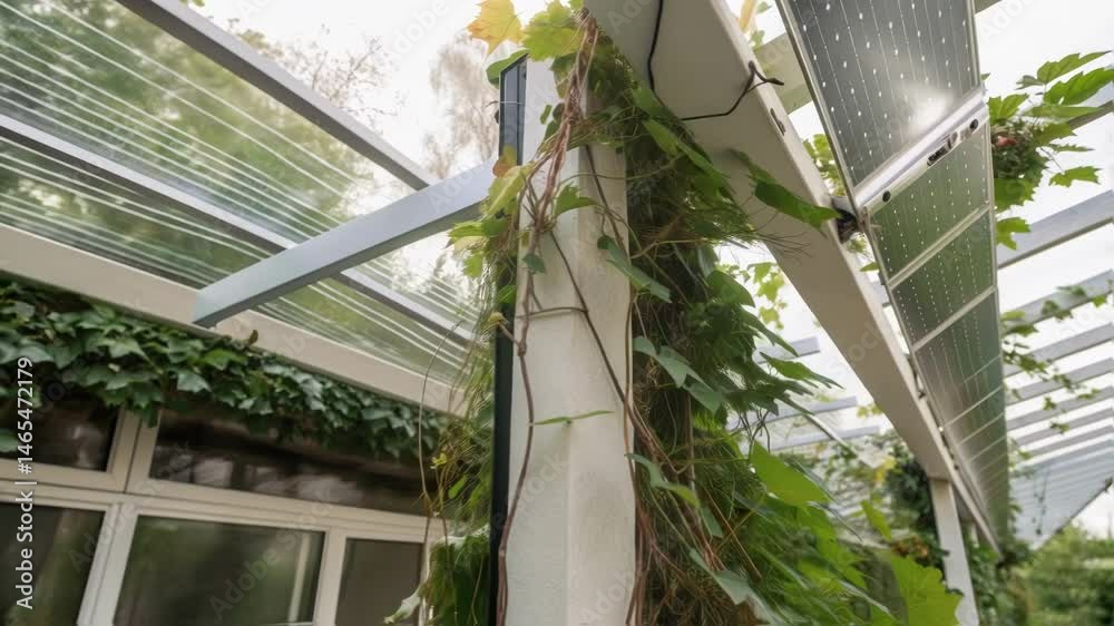 Poster closeup of an energyharvesting trellis with climbing plants intertwined around thin photovoltaic str