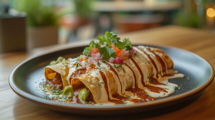 Plate of gourmet enchiladas with sauce
