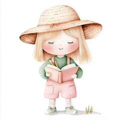 A blonde girl wearing a straw hat, a green shirt, and pink overalls, holding a notebook and pencil, is standing with her head down, writing something down in a book. 