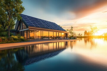 Fototapeta premium Modern home with solar panels and a reflecting pool at sunset.