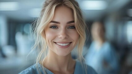 A compassionate nurse stands confidently, beaming with warmth and care within a medical setting. A symbol of hope, health, and professional service.