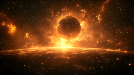 Fototapeta premium Fiery celestial body rising over a planet