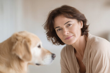 dog trainer with warm expression positioned on left side of frame with dog beside them
