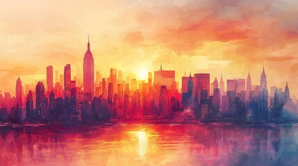 Vibrant Cityscape Sunset: Painted New York Skyline Reflecting in Water at Twilight, a Stunning Urban Panorama.