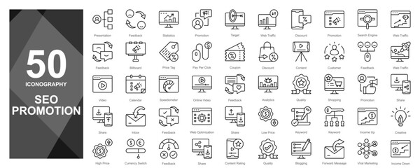 Essential SEO promotion icon collection. Includes optimization tools, analytics, traffic boost, link building, and keyword planning symbols.