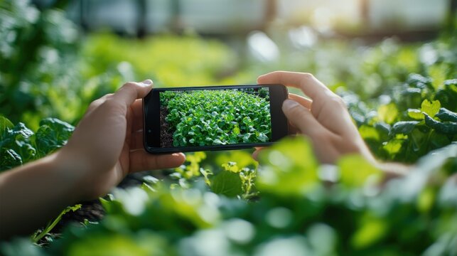 A person taking a photo of healthy green plants with a smartphone in a greenhouse. Digital innovation, precision farming.