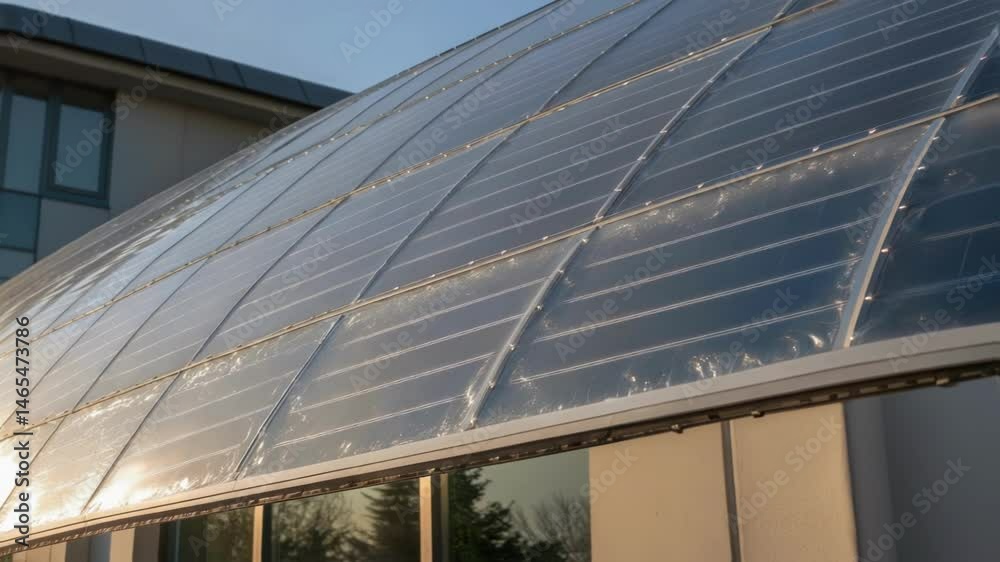 Poster closeup of a translucent solar film wrapped around a buildings curved surface glimmering with light 