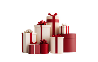 Obraz premium Many gift boxes with red and gold ribbons, isolated on a white background. Happy holiday season greeting card template design (2)