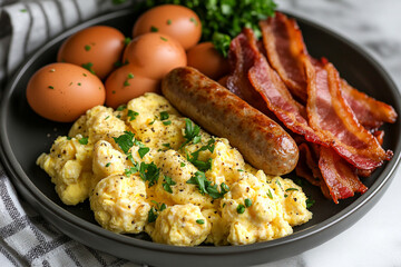 Fototapeta premium Classic breakfast dish featuring scrambled eggs, sausage, bacon, and fresh herbs served on a plate