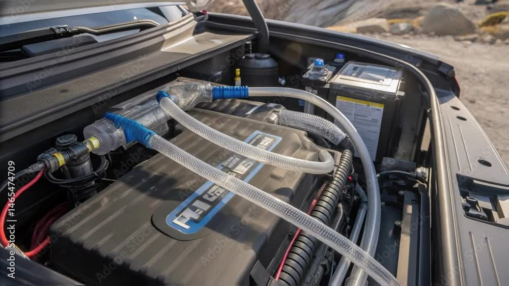 Aufkleber closeup of the exterior of a hydrogen fuel cell vehicle compartment with clear cables and piping vis