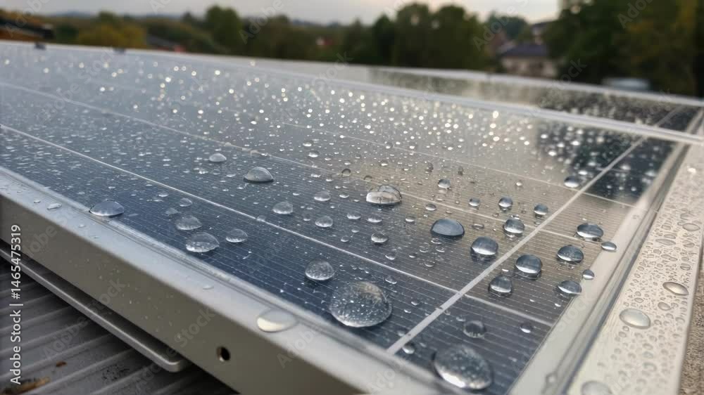 Poster Closeup of water droplets on a transparent solar panel emphasizing its surface texture and hydrophobic properties enhancing both aesthetics and performance.