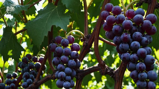 Dark Grapes Close-up Vine Ripe Winemaking Vineyard. Red wine