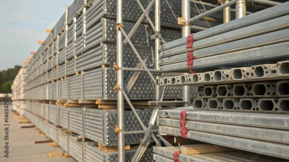 Aufkleber Closeup view of lightweight scaffolding materials stacked in neat rows emphasizing the engineering design and durability of the components.