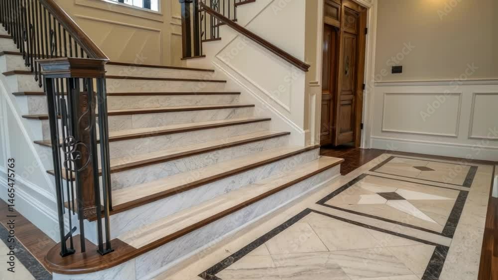 Poster Detailed angle of a staircase landing focusing on the clean lines and seamless junction where the stairs meet the floor accented by contrasting colors of the materials.