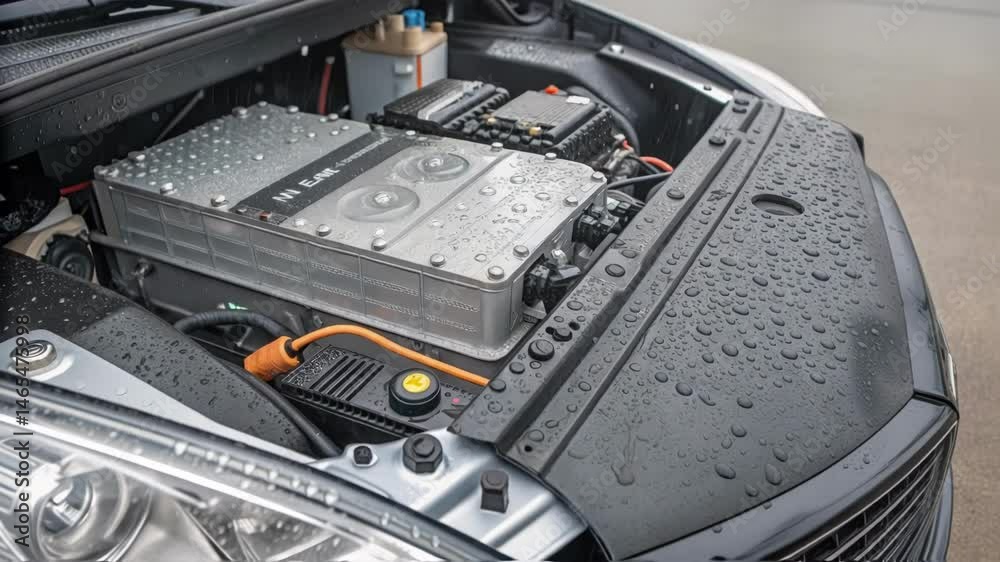 Poster detailed closeup of hydrogen fuel cell components including a power converter and cooling system wit