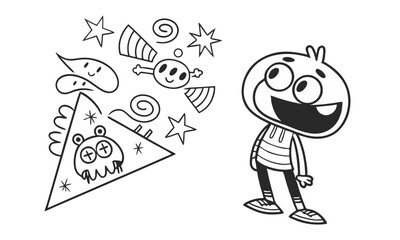 simple cartoon line drawing, minimal style, black and white, abstract shapes, geometric forms, playful, whimsical, hand-drawn, doodle, sketch, illustration, line art
