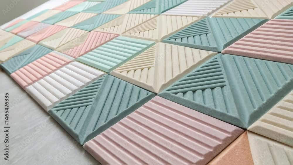 Poster Detailed view of a modular acoustic panel system displaying interlocking pieces in various pastel shades allowing for customizable arrangement and sound control.