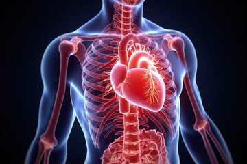 Medical visualization of a human body model with the heart highlighted in red, showcasing anatomical details, suitable for educational, medical, and cardiovascular - related studies.