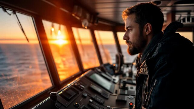 Sailor navigates the ship at sunset while observing the serene ocean view