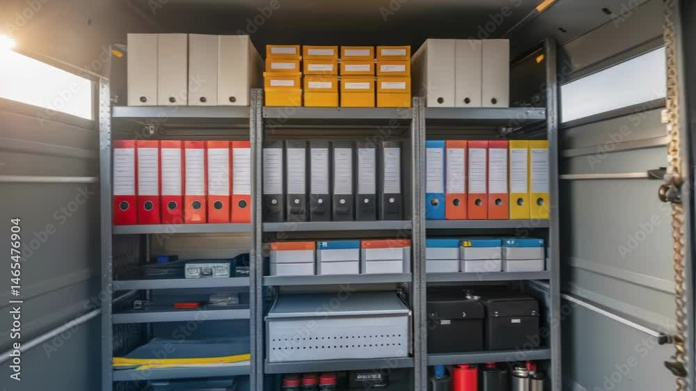 Leinwandbilder inside the mobile site office a medium closeup of organizational shelves filled with binders and too