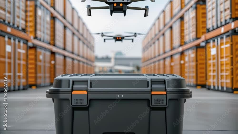 Aufkleber Medium closeup depicting a smart storage container in a logistics hub surrounded by drones and automated vehicles emphasizing the role of IoT in modern supply chain management and