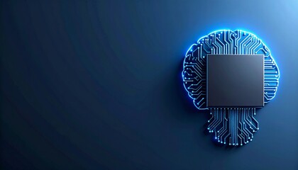 Digital illustration of a futuristic AI brain with illuminated circuitry representing advanced technology and innovation. Neuromorphic Computing, copy space area