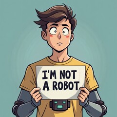 Sign Boy Holding Sign Im Not A Robot Text Message Human Child Kid Young Looking At Camera Indoors White Background Artificial Intelligence AI Robot 