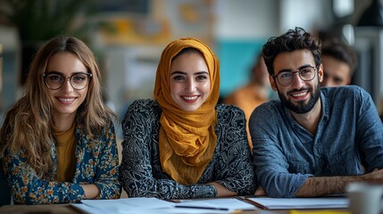 Diverse group of smiling people, likely in a classroom or office setting