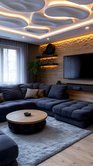 Modern living room with cozy sectional sofa, illuminated ceiling, and entertainment center