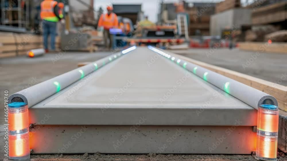 Aufkleber Medium closeup of a piece of smart concrete being poured at a construction site with translucent tubes running along its edges hinting at its smart functions.