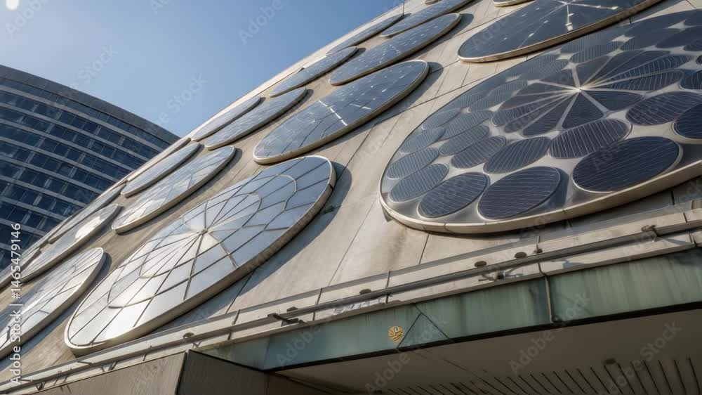 Poster Medium closeup of a series of rotating discs embedded in the buildings exterior engineered to capture both solar energy and wind currents with reflective surfaces that flicker in