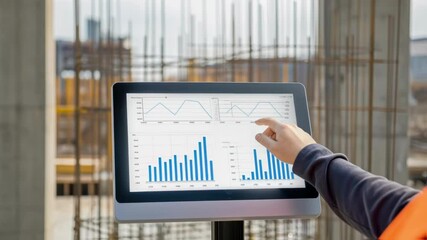 Medium closeup of a project manager pointing at a digital monitor displaying vibration trends with towering rebar and pouring concrete in the background.