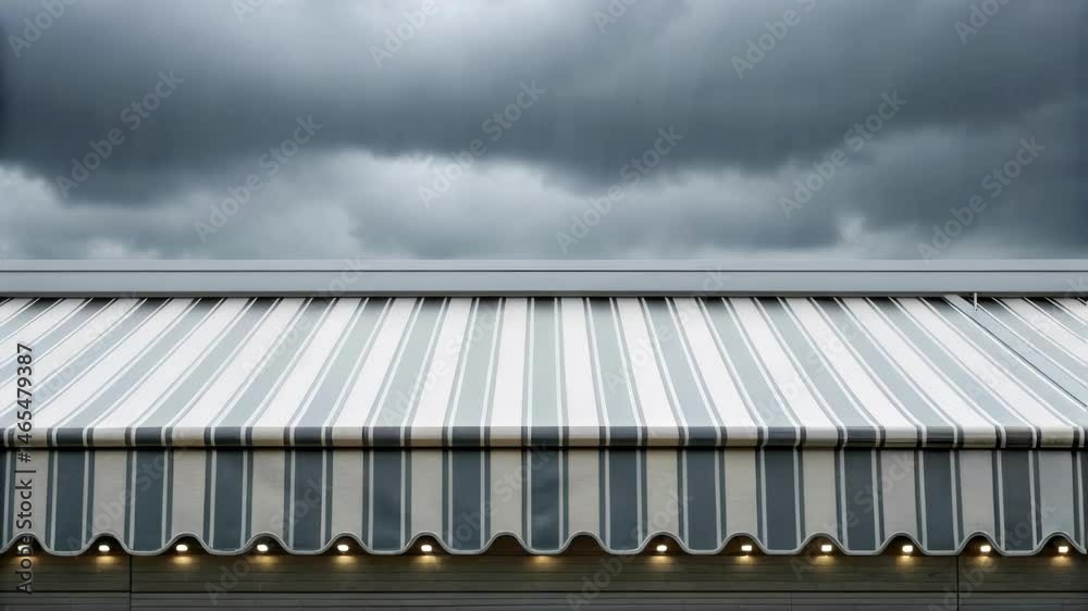 Poster Medium closeup of a system of retractable awnings stacked neatly along the edge of a building partially unfurling in response to sudden downpours glistening with moisture.