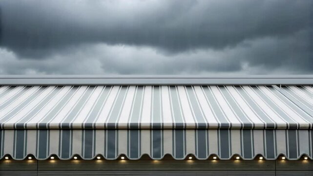 Medium closeup of a system of retractable awnings stacked neatly along the edge of a building partially unfurling in response to sudden downpours glistening with moisture.