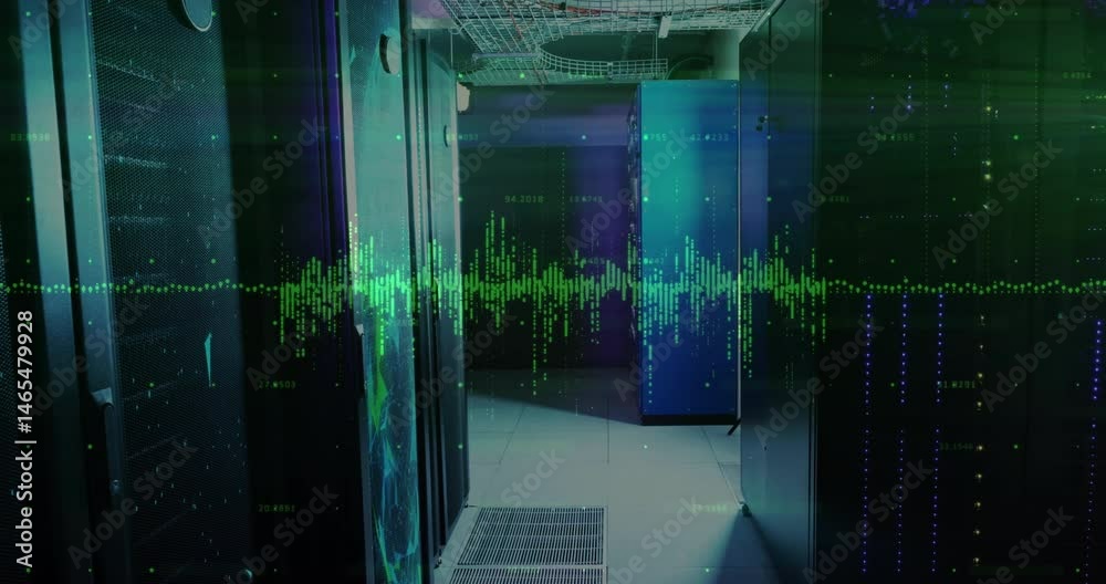 Poster 3d render showing server racks framing aisle with digital waveform overlay and numeric data points