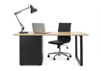 Desk setup with laptop lamp and chair against isolated on white background
