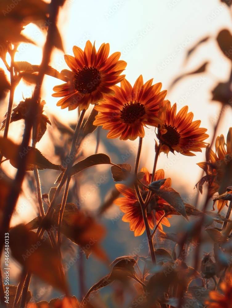 Poster golden backlit macro of vibrant sunflowers with rich colors during sunset in a serene garden setting