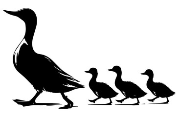 A black and white silhouette of a duck and ducklings following it on a white isolated background. Vector graphics. EPS.