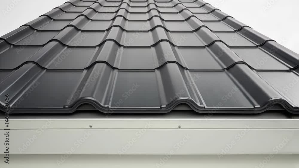 Poster Side profile view of a modular roofing panel where the contours and layers are evident showcasing the depth of the integrated solar cells and their robustness against the elements.
