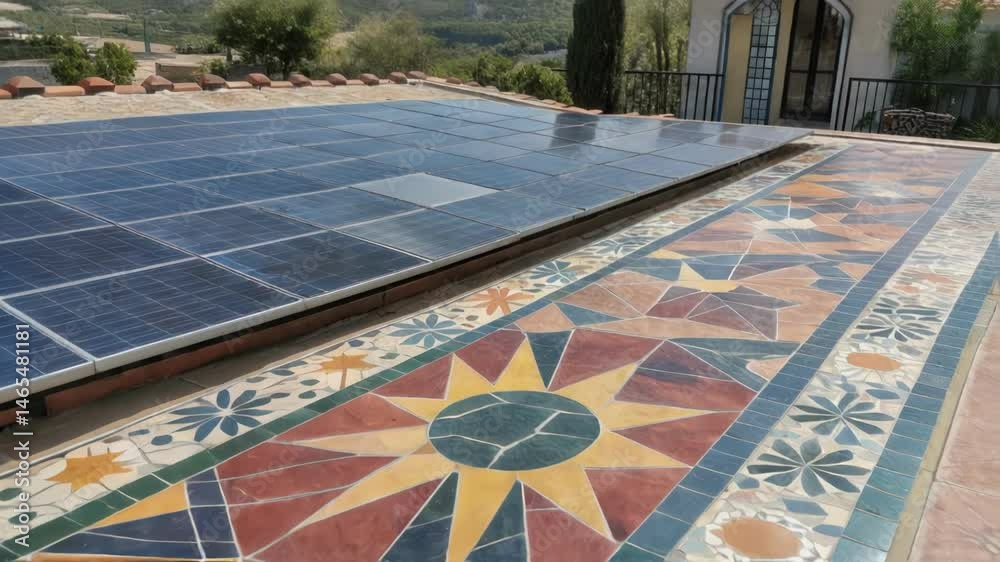 Poster Vibrant tiled surface with a geometric pattern designed to channel sunlight while reducing the thermal load showcasing a striking blend of art and functionality.
