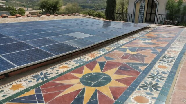 Vibrant tiled surface with a geometric pattern designed to channel sunlight while reducing the thermal load showcasing a striking blend of art and functionality.