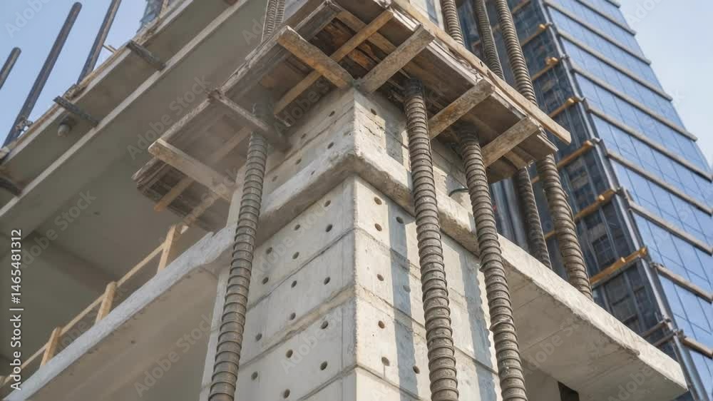 Poster A closeup detailing the structural core of the skyscraper showcasing reinforced concrete elements designed to anchor the building against lateral wind forces.