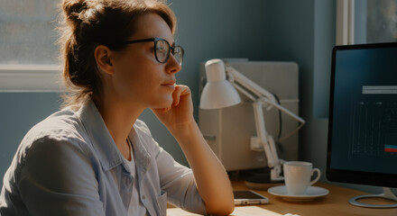 Obraz premium Thoughtful caucasian female adult working at home office desk in natural light