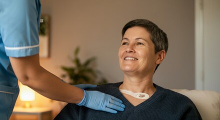 Fototapeta premium Smiling mature caucasian female patient receiving care from medical professional at home