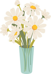 Bouquet of daisies in vase. Cute hand drawn chamomiles, spring and summer flowers. Vector botanical elements