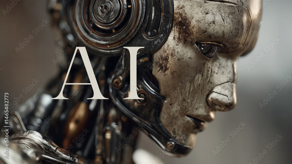 Poster A detailed close-up of a robotic figure emphasizing its intricate machinery and design. This artwork highlights the evolving relationship between technology and ethical dilemmas in society.