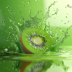 A juicy green slice of fresh kiwifruit splashes into clear water, a healthy and sweet tropical treat